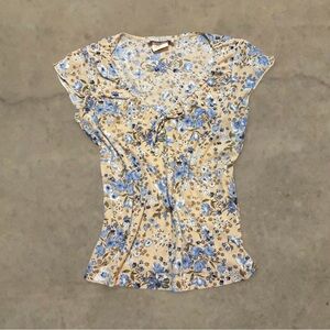 Vintage Floral Fairy Cottage Floret Coquette Style Top Tan Blue Sz Large